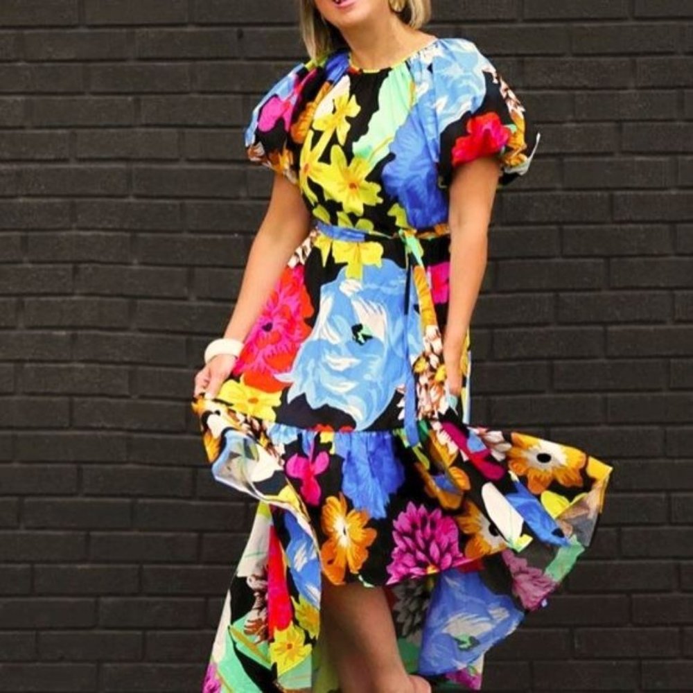 Christopher John Rogers Woman's Floral High Low Dress XS Puff Sleeve Bright New - Picture 3 of 12